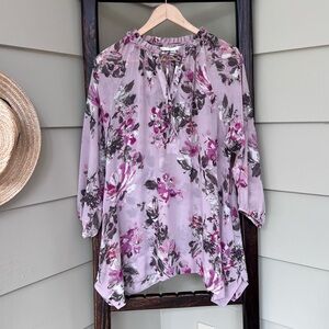 Lauren Conrad Floral Ruffle Neck-Tie Sheer Blouse Pockets Purple Pink Medium